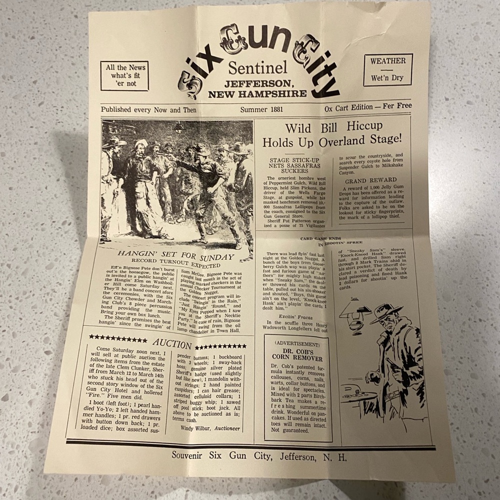 SIX GUN CITY SENTINEL Jefferson New Hampshire souvenir news newspaper newsletter